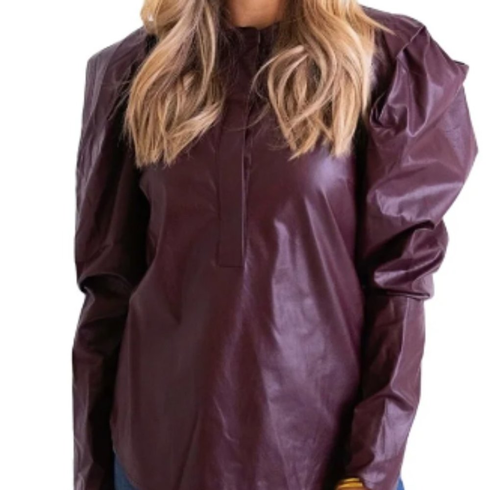 Karlie Pleather Vegan Leather Puff Sleeve Top Burgundy Long Sleeve